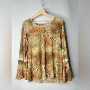 VTG 90s Y2K Floral Scalloped Bell Sleeve Blouse XL Maternity Boho Hippie